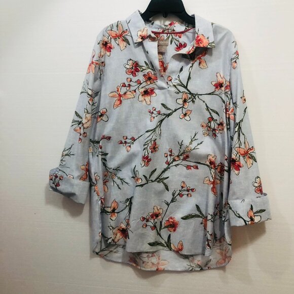 Chicos sketched blooms floral tunic top  no iron stretch Size 2 Blouse - Picture 1 of 8